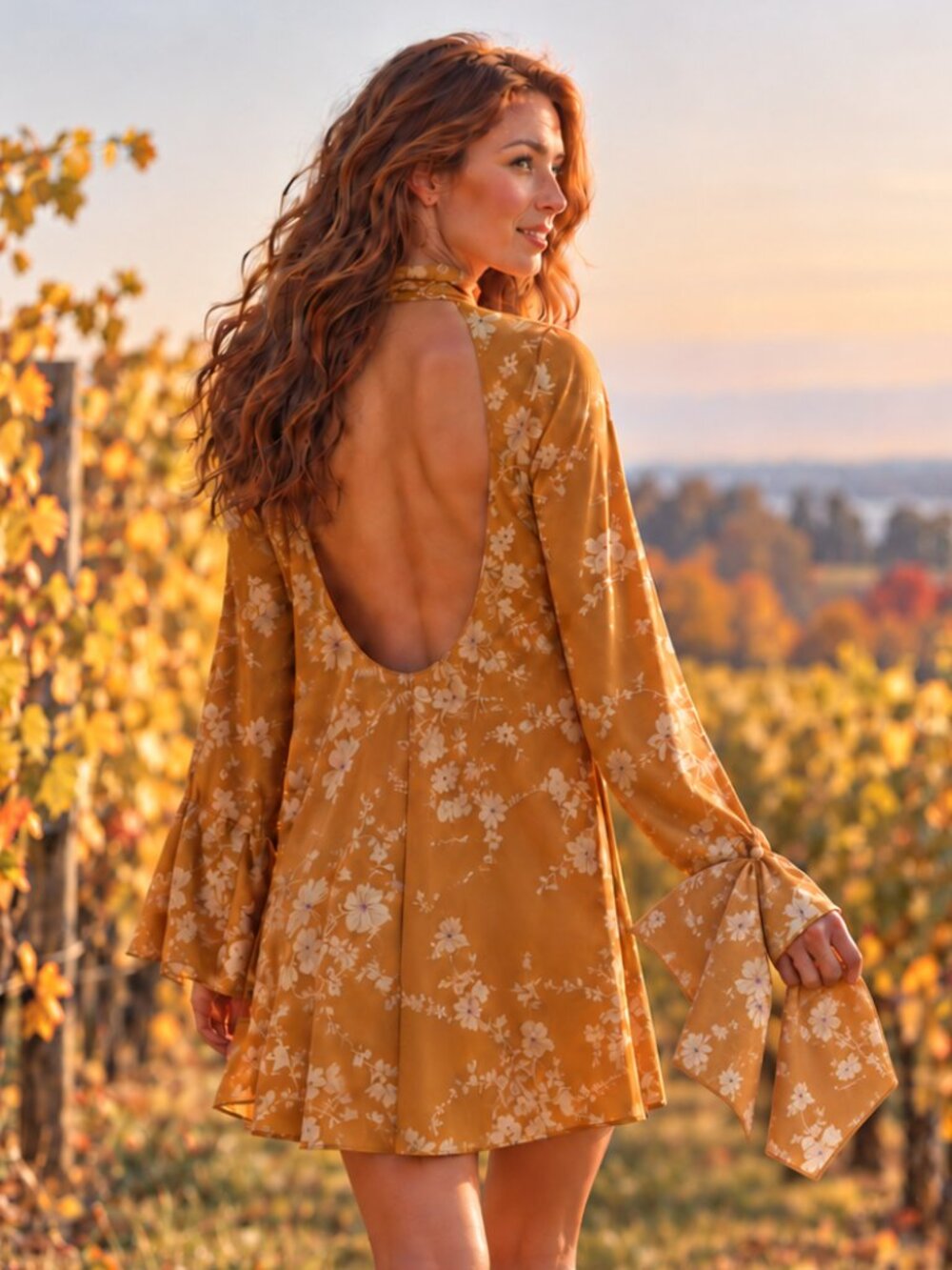Free People Aries Mini Dress XS Golden Yellow Floral Open Back Statement Sleeves